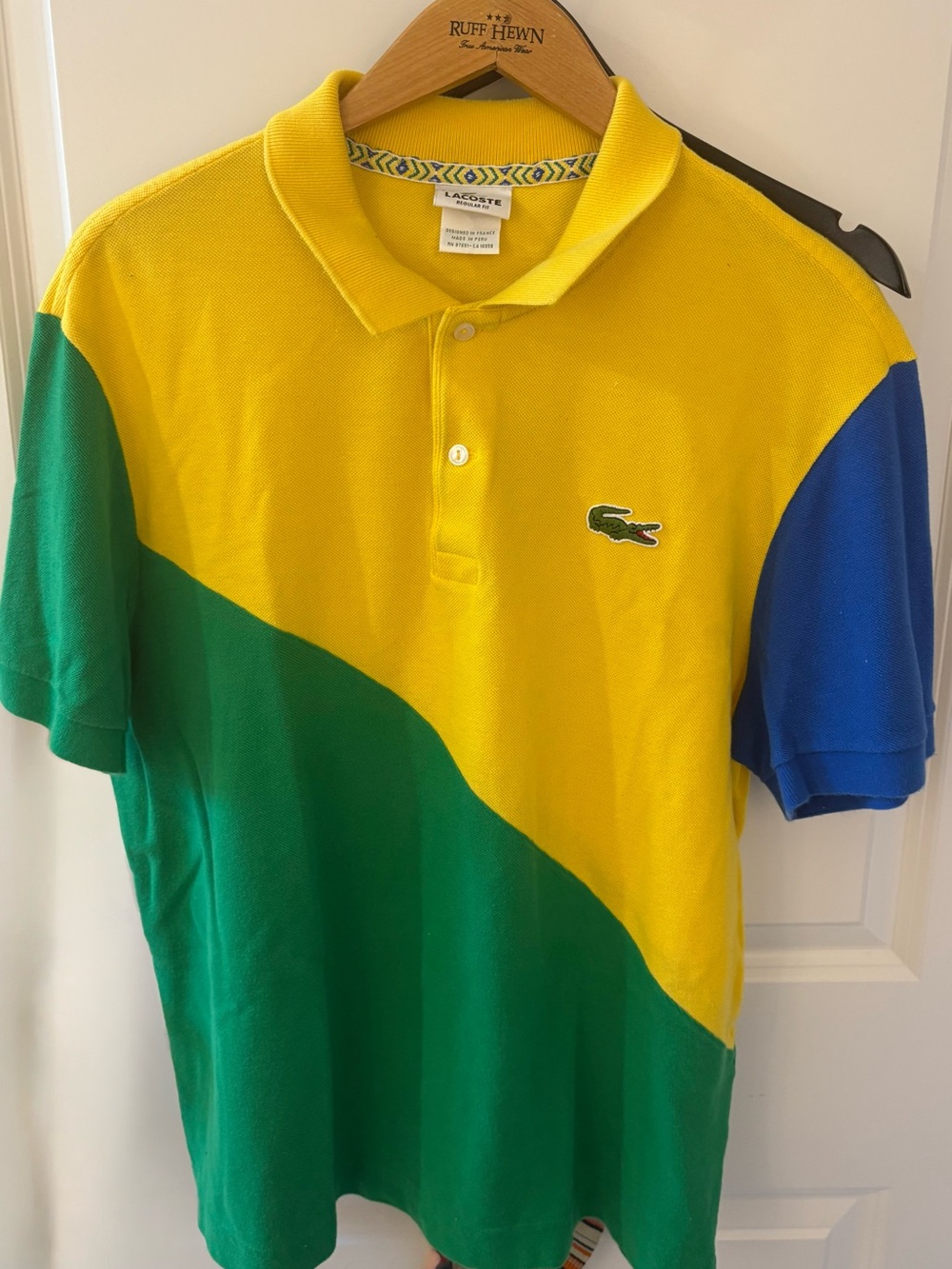 Lacoste Men's Diagonal Colorblock Polo — Yellow, Green & Blue Size 6. US XL